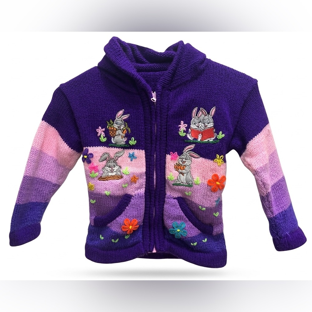 Vintage Girls' Purple Bunny Hoodie Sweater - Cute Embroidered Knit Jacket